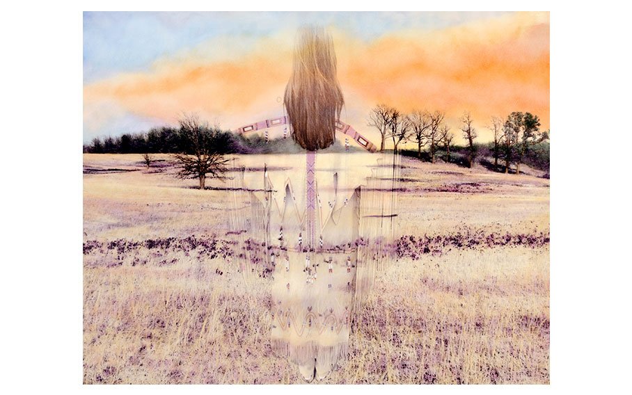 Shan Goshorn (Cherokee, b. 1957), Pawnee Woman in Field from the series Earth Renewal/Earth Return, c. 2002, hand-tinted, double-exposed, black-and-white photograph, 24 x 30 inches