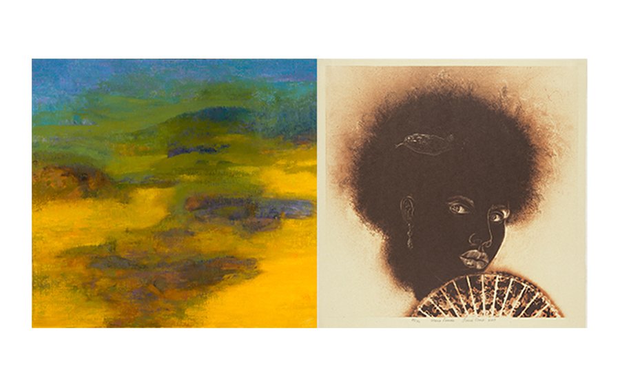 Left: Richard Mayhew, Mohawk Hills, 1974, oil on canvas. Right: Renée Stout, Marie Laveau, 2009, color lithograph.