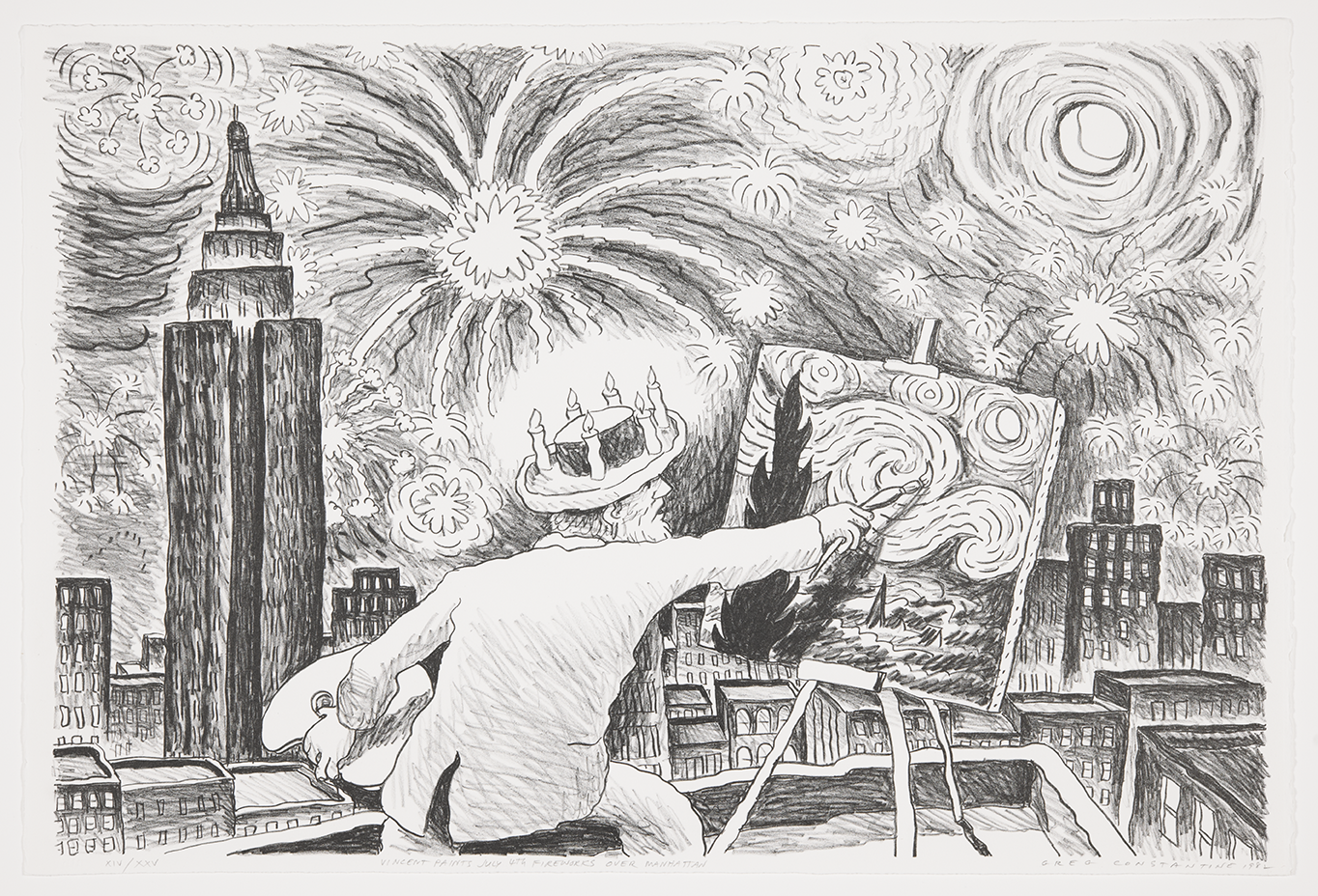 Gregory J. Constantine, Vincent Paints July 4th Fireworks over Manhattan, 1982, lithograph. Collection of the Kalamazoo Institute of Arts; Gift of Dr. Christopher A. Graf, 1985/6.22